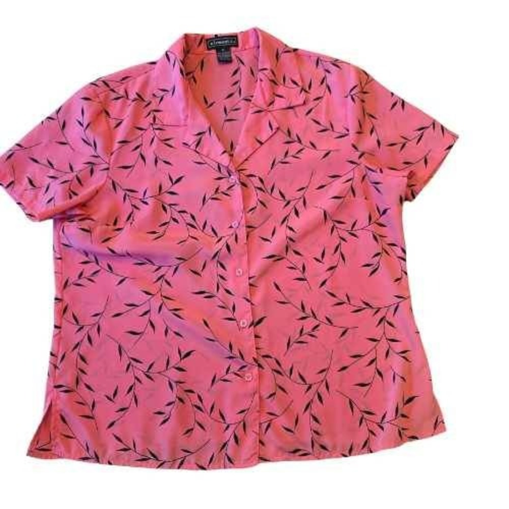Elementz Pink Black 1980s Neon XL Print Short Sleeve Collared Button‎ Up Blouse